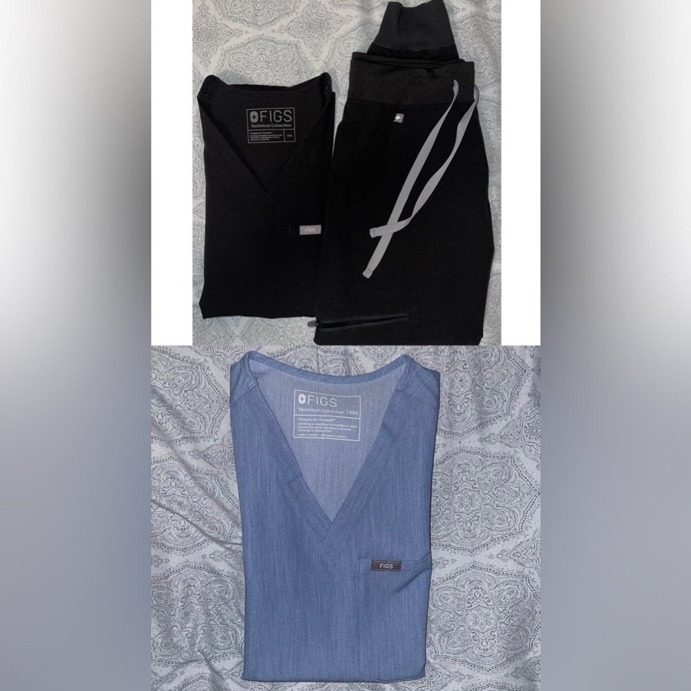 Figs Scrubs Set Color BLACK (XXS&PXXS) and Top HEATHER INDIGO (XXS)